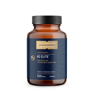 Image of a brown bottle that says quicsilver scientific liposomal h2 elite molecular hydrogen addictive highly bioavailable dietary supplement 60 tablets 