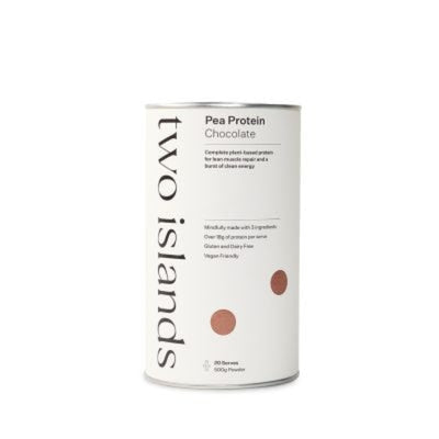 A Supplement container with the name Pea Protein (Chocolate) by Two Islands.