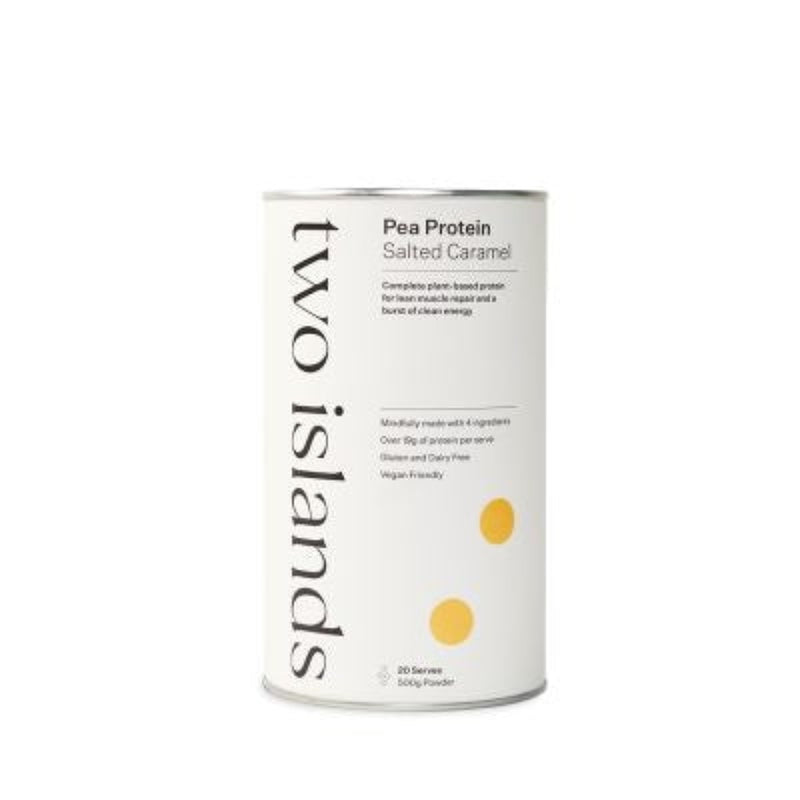 A Supplement container with the name Pea Protein (Salted Caramel) by Two Islands.