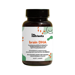 A Supplement container with the name Brain DHA (30 Caps) by I'm Nutrients.