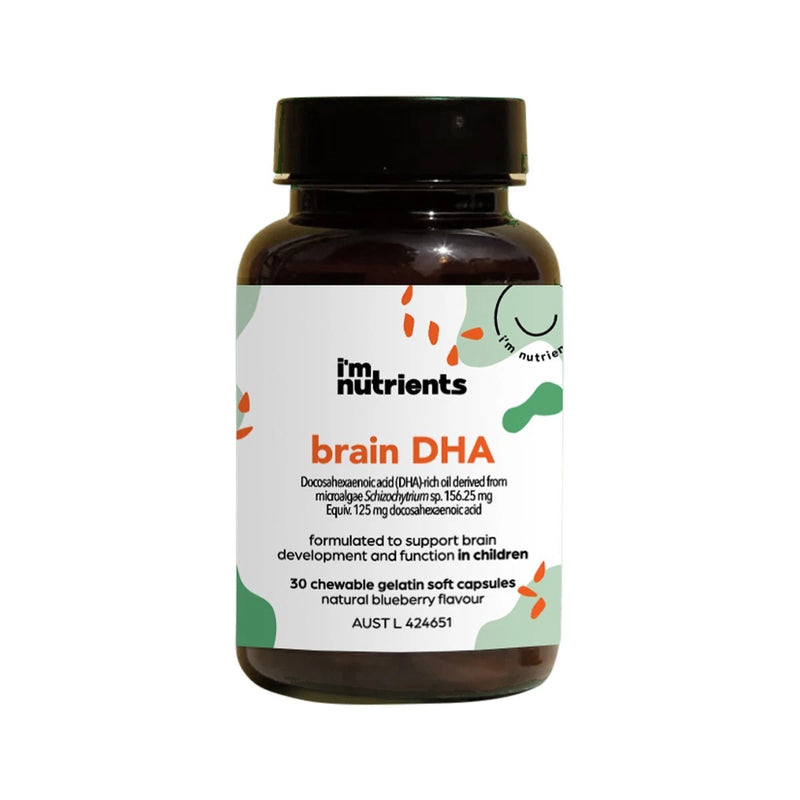 A Supplement container with the name Brain DHA (30 Caps) by I'm Nutrients.