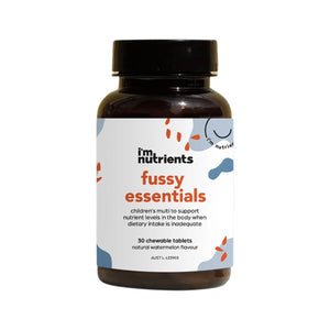 A Supplement container with the name Fussy Essentials ( 30 Tabs) by I'm Nutrients.