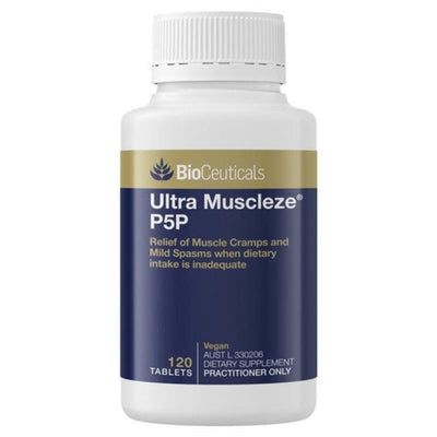 A Supplement container with the name Ultra Muscleze P5P by BioCeuticals.