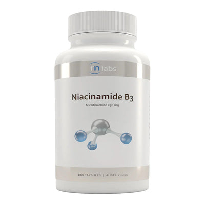 an image of a white supplement bottle that says niacinamide B3 Nicotinamide 250mg 