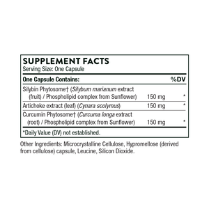 Ingredients including Silybin Phytosome, Silybum marianum extract fruit, Phospholipid, Sunflower, Artichoke extract leaf, Cynara scolymus, Curcumin Phytosome, Curcuma longa.