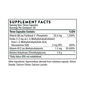 Ingredients including Vitamin B6, Pyridoxal 5 Phosphate, Folate, L5mthfr, Glucosomine salt, Vitamin b12, Methylcobalamin, Betaine Anhydrous, TMG.