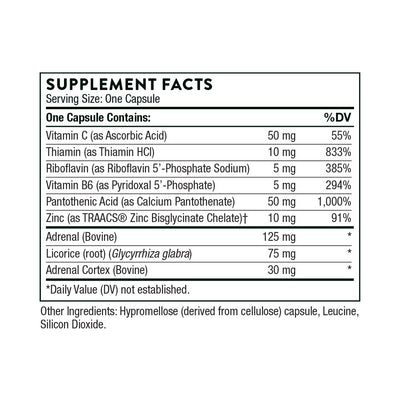Text describing the ingredients: Vitamin C, Thiamin, Riboflavin, Vitamin B6, Pantothenic Acid, Zinc, Adrenal, Licorice Root, Adrenal Cortex 