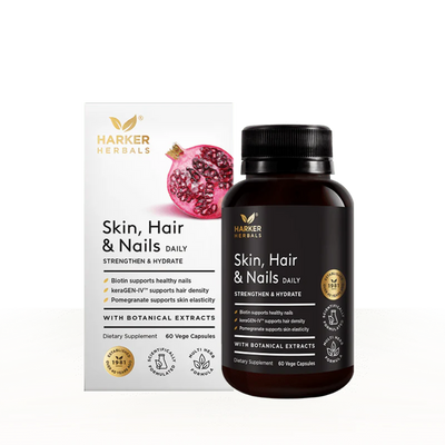 Image of a white supplement packageing box which says harker herbals skin, hair and nails daily strengthening and hyrate, biotin supports healthy nails keragen-IV supports hair density, pomegranate supports skin elasticity 