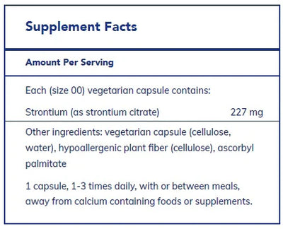 Text describing ingredients: Strontium (as strontium citrate) 227mg.