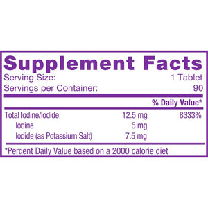 Supplement facts for Iodoral listing ingredients including Ferrous Iodide, Iodine, Iodine (potassium iodide), Potassium iodide