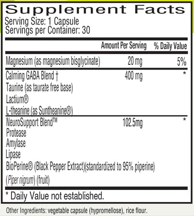 Image of Lentra supplement, 30 caps, table of content, Magnesium bisglycinate, Calmin GABA blend, Taurine, Lactium, L-theanine ( as suntheanine), NeuroSupport Blend, Protease, Amylase, Lipase, BioPerine, Piperine, balck Pebber Extract, Piper nigrum friit, Vege capsules, riceflour. 