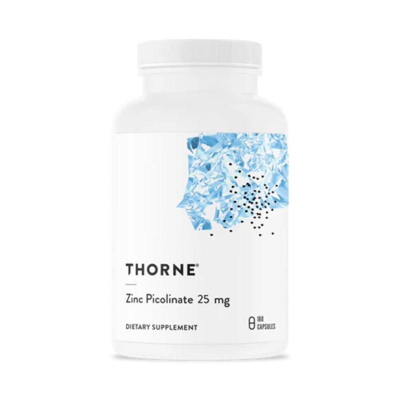 A Supplement container with the name Zinc Picolinate 25mg by Thorne.