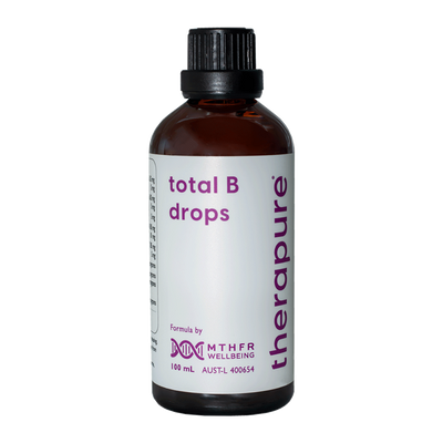 A supplement bottle with the name Total B Drops by Therapure.
