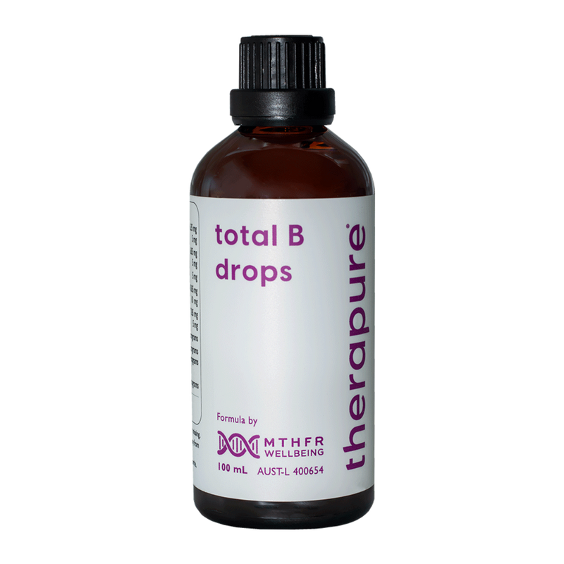 A supplement bottle with the name Total B Drops by Therapure.