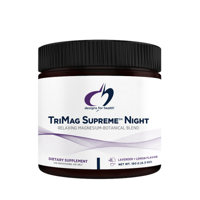 Image of a white container that says trimag supreme night relaxing magnesium botanical blend dietary supplement lavender + lemon flavour 