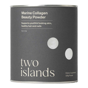 A Supplement container with the name Marine Collagen Vanilla by Two Islands.