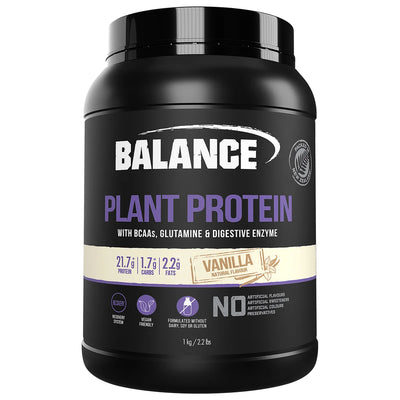 A Supplement container with the name Plant Protein (1kg Vanilla flavour) by Balance