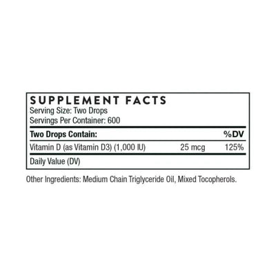 A Supplement bottle with the name Vitamin D Liquid by Thorne 