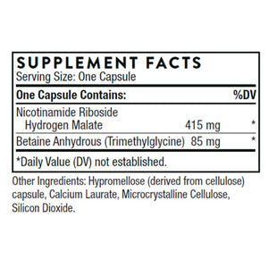 Ingredients including Nicotinamide Riboside Hydrogen Malate, Betaine Anhydrous, Trimethylgylcine. 