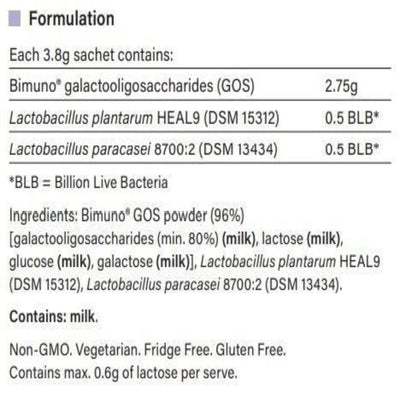 Ingredients: Bimuno galactooligosaccharides (GOS), Lactobacillus plantarum HEAL9 (DSM 15312), Lactobacillus paracasei 8700:2 (DSM 13434).