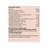 Ingredients: Quercetin, Citrus bioflavonoids extract, Capsicum annuum, fruit powder, Dry herbal extracts: Curcuma longa, Equivalent curcumin, Bosewellia serrata, Salix alba, Zingiber officinale, Ginger, White Willow, BCM-95 