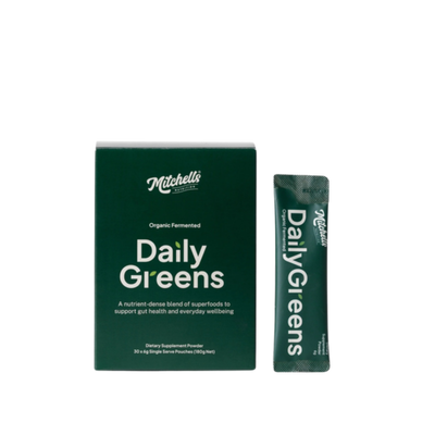 A Box of single sachets  (30) of Daily Greens by Mitchells Nutrition.