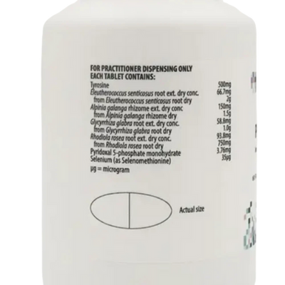 Ingredients: Tyrosine, Eleutherococcus senticosus, Rhodiola rosea, Glycyrrhiza glabra, Pyridoxal 5-phosphate monohydrate, Selenomethionine.