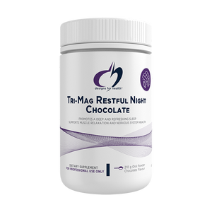 Image of a white supplement bottle that says designs for health tri-mag restuful night chocolate, promotes a deep and refreshing sleep supports muscle relaxation and nervous system health 210g oral powder chocolate flavour 