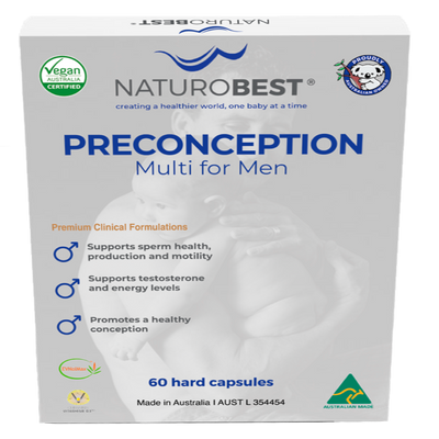 A Supplement container with the name Preconception Multi for Men by Naturobest.