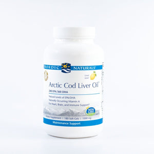 A Supplement container with the name Arctic Cod liver Oil by Nordic Naturals.