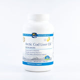 A Supplement container with the name Arctic Cod liver Oil by Nordic Naturals.