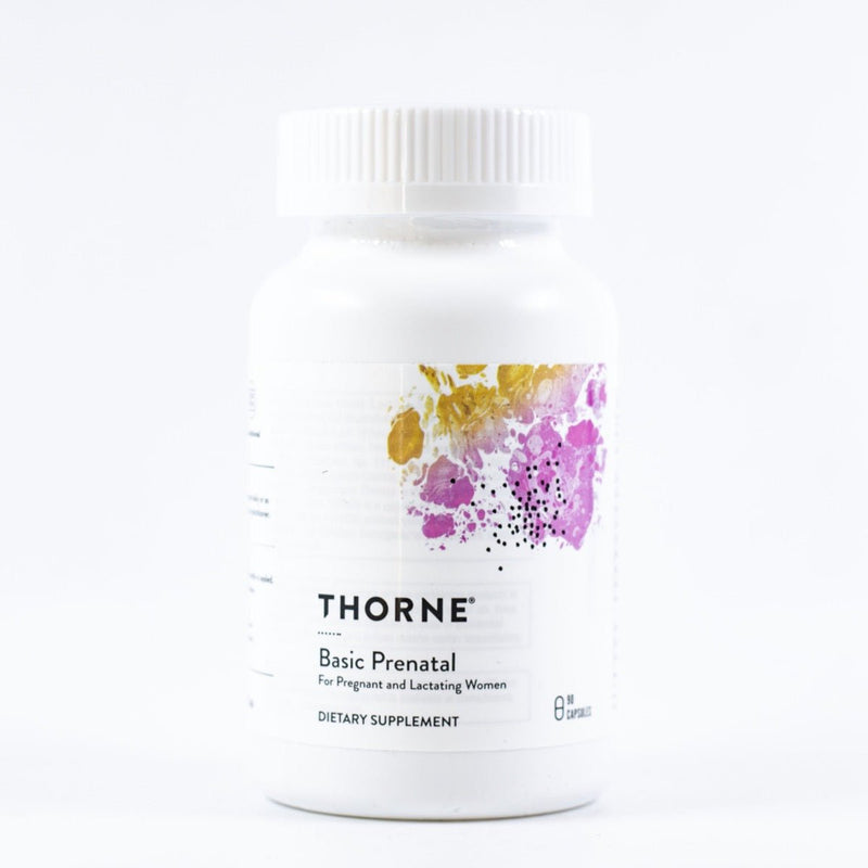 A Supplement container with the name Basic Prenatal by Thorne.