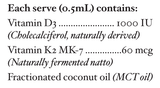 Text describing the ingredients including Vitamin D3, Cholecalciferol, Vitamin K2 Mk7, Naturally fermented natto, Fractionated coconut oil, mct oil