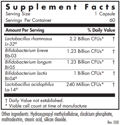 Text listing the ingredients of the probiotic which includes. Lactobacillus rhamnosus Lr-32, Bifidobacterium breve Bb-03, Bifidobacterium longum Bl-05, Bifidobacterium lactis Bl-04, Lactobacillus acidophilus La-14