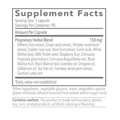 Text listing the ingredients including Bilberry fruit, grape seed, shiitake mushroom, golden seal, noni fruit, garlic bulb, White willow bark, Milk Thistle seed, Raspberry fruit, Echinacea, Purpurea plant extract, Echinacea Angustifolia, Black Walnet hull, Black Walnet leaf, Lavender oil, oregano oil, Glabanum oil, Tea Tree oil, fumitory aerial parts, Gentian Lutea root