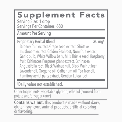 Text listing the ingredients including Bilberry fruit, Grape seed, Shiitake mushroom, Golden Seal, Noni fruit, Garlic bulb, White Willow bark, Milk Thistle seed, Raspberry fruit, Echinaciea Purpurea plant, Echinacea Angustifolia, Black Walnut hull, Black Walnut leaf, Lavender oil, Oregano oil, Galbanum oil, Tea Tree oil, Fumitory aerial parts, Gentian Lutea root.