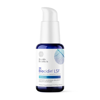 A supplement bottle with the name Biocidin LSF by Biocidin Botanicals