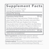 Text listing the ingredients including Bilberry fruit, Grape seed, Shiitake mushroom, Golden Seal, Noni fruit, Garlic bulb, White Willow bark, Milk Thistle seed, Raspberry fruit, Echinaciea Purpurea plant, Echinacea Angustifolia, Black Walnut hull, Black Walnut leaf, Lavender oil, Oregano oil, Galbanum oil, Tea Tree oil, Fumitory aerial parts, Gentian Lutea root. Phospholipids