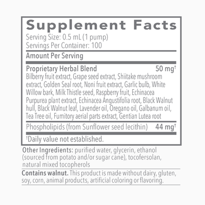 Text listing the ingredients including Bilberry fruit, Grape seed, Shiitake mushroom, Golden Seal, Noni fruit, Garlic bulb, White Willow bark, Milk Thistle seed, Raspberry fruit, Echinaciea Purpurea plant, Echinacea Angustifolia, Black Walnut hull, Black Walnut leaf, Lavender oil, Oregano oil, Galbanum oil, Tea Tree oil, Fumitory aerial parts, Gentian Lutea root. Phospholipids