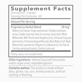 Text listing the ingredients including Bilberry fruit, Grape seed, Shiitake mushroom, Golden Seal, Noni fruit, Garlic bulb, White Willow bark, Milk Thistle seed, Raspberry fruit, Echinaciea Purpurea plant, Echinacea Angustifolia, Black Walnut hull, Black Walnut leaf, Lavender oil, Oregano oil, Galbanum oil, Tea Tree oil, Fumitory aerial parts, Gentian Lutea root.