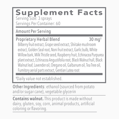 Text listing the ingredients including Bilberry fruit, Grape seed, Shiitake mushroom, Golden Seal, Noni fruit, Garlic bulb, White Willow bark, Milk Thistle seed, Raspberry fruit, Echinaciea Purpurea plant, Echinacea Angustifolia, Black Walnut hull, Black Walnut leaf, Lavender oil, Oregano oil, Galbanum oil, Tea Tree oil, Fumitory aerial parts, Gentian Lutea root.