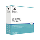 The front of box of probiotics called Biome Relief, blue and white.