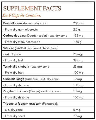 Text listing the ingredients including Boswellia serrata, Cedrus deodara, Vitex Negundo, Terminalia chebula, Curcuma Longa, Turmeric, Zingiber Officinale, Ginger, Trigonella-foenum graecum, Fenugreek