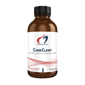 An image of a white supplement bottle that says desigsn for health CarniClear supersaturated L-Carnitine Liquid dietary supplement 8 FL OZ (237mL)