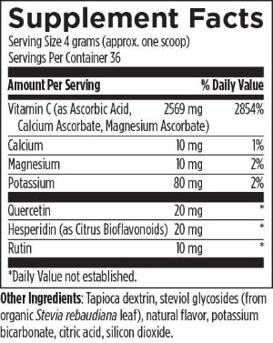 Ingredient list: 
Vitamin C (as ascorbic Acid, Calcium Ascorbate, magnesium Ascorbate), calcium, magnesium, potassium, quercetin, hesperidin (as citrus bioflavonoids), rutin, tapicoca dextrin, steviol glycosides (from organic stevia rebaudiana leaf), natural flavour, potassium bicarbonate, citric acid, silicon dioxide