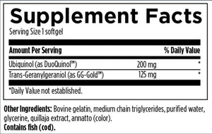 Text listing the ingredients including Ubiquinol, DuoQuinol, Trans-Geranylgeraniol, GG-Gold, bovine gelatin, medium chain triglycerides, purified water, glycerine, quillaja extract, annatto, contains fish 