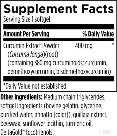 Ingredients:
Curcumin extract Powder, Curcuma longa, root, curcuminoids: curcumin, demethoxycurcumin, bisdemthoxycurcumin, Medium chain triglycerides, softgel ingredients, (bovine gelatin, glucerine, purified water, annatto), quillaja extract, beeswax, sunflower lecithin, turmeric oil, deltagold tocotrienols 