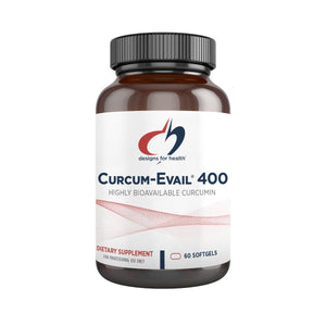 WHite supplement bottle that says designs for health curcum evail 400 highly bioavailable curcumin dietary supplement 60 softgels 