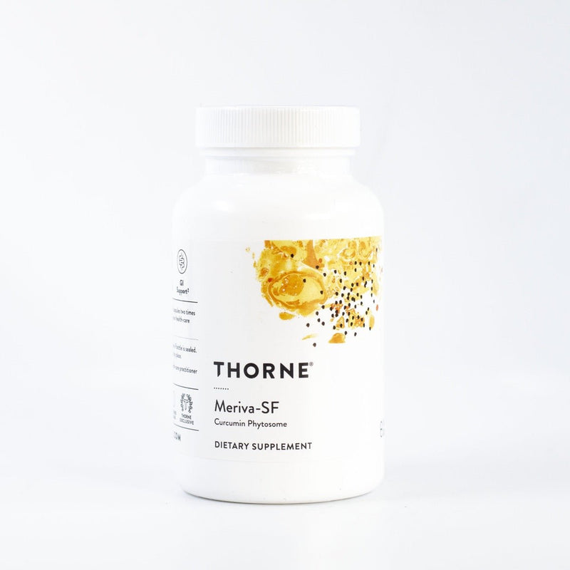 A Supplement container with the name Meriva-SF Curcumin Phytosome by Thorne.