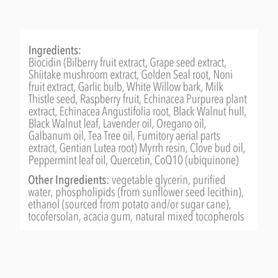 Text listing the ingredients Bilberry fruit, Grape seed, Shiitake mushroom, Golden Seal, Noni fruit, Garlic bulb, White Willow bark, Milk Thistle Seed, Raspberry fruit, Echinacea Purpurea plant, Echinacea Angustifolia root, Black Walnut hull, Black Walnut leaf, Lavender oil, Oregano oil, Galbanum oil, Tea Tree oil, Fumitory aerial parts, Gentian Lutea, Myrrh resin, Clove bud oil, Peppermint leaf oil, Quercetin, Coq10 (ubiquinone), phospholipids